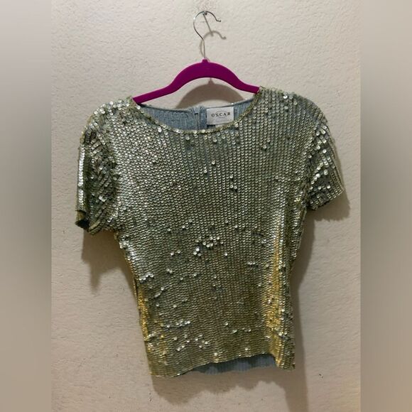 Oscar de la Renta Sequin Silk Cotton Top Size Medium - Picture 1 of 7
